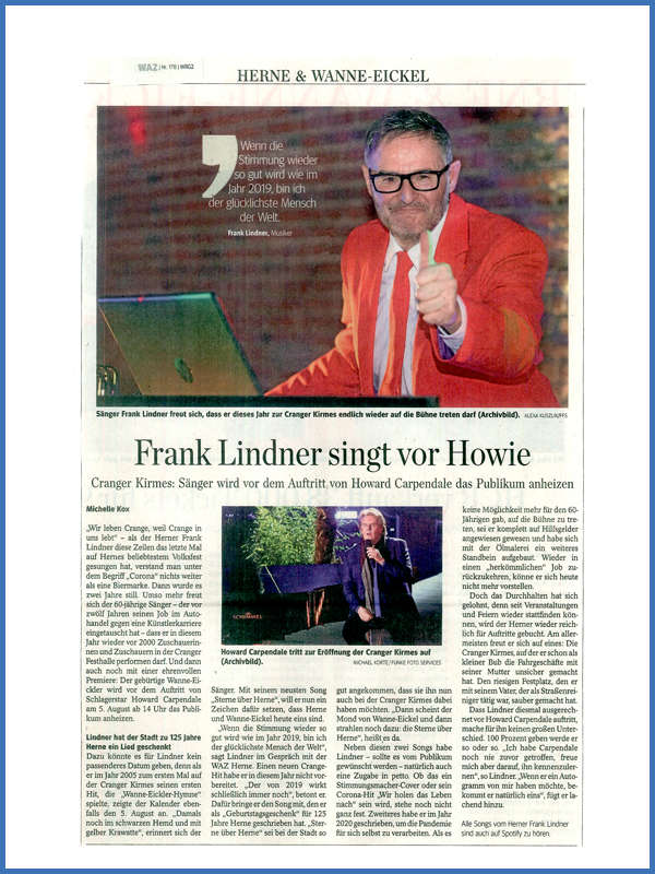 WAZ Artikel Frank Lindner singt vor Howie